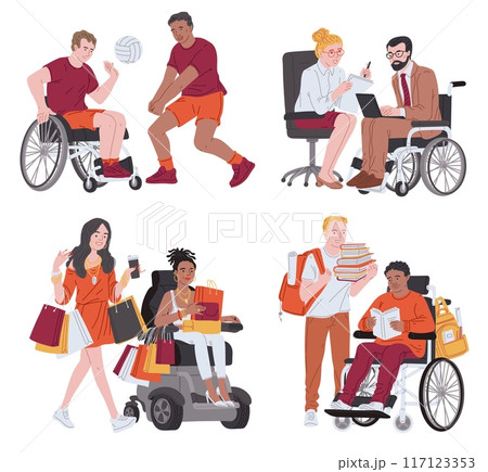 Inclusive daily activities vector illustration set with wheelchair users Inclusive daily activities vector illustration set with wheelchair users 117123353