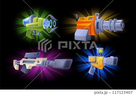 Futuristic game laser blasters vector set, magic alien space weapon guns with neon glow, energy strike effect shot trace 117123407