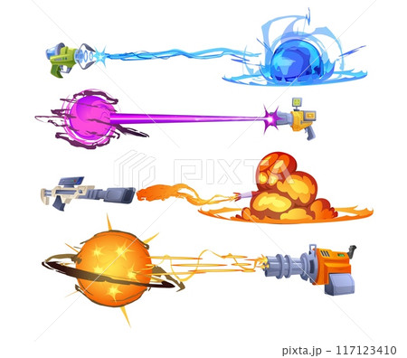 Blasters with fire and explosions, game weapon, set of vector illustration 117123410