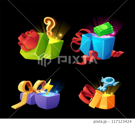 Open gift boxes different colors decorated red bow, glow with prize from inside vector set, GUI reward game interface Open gift boxes different colors decorated red bow, glow with prize from inside vector set, GUI reward game interface 117123424