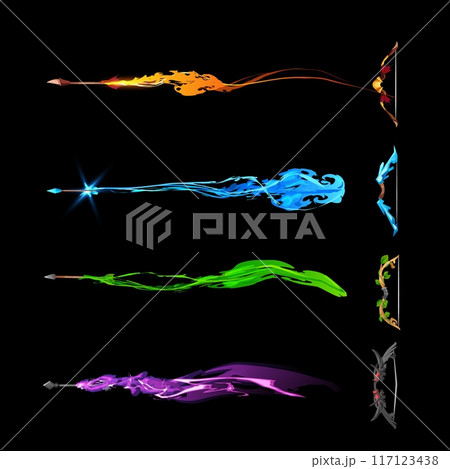 Magical bow with arrow vector set shooting fire flame arrows, explosion beam trace, cartoon wizard weapon with vfx rays 117123438