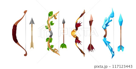 Bow with arrow vector set from various natural materials, archery or hunter tool for game asset, medieval weapon item Bow with arrow vector set from various natural materials, archery or hunter tool for game asset, medieval weapon item 117123443