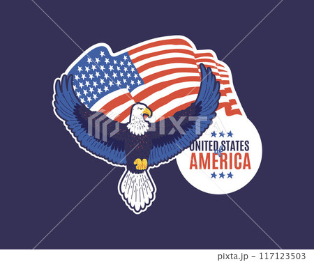 Bald Eagle with American flag, wild bird with national symbol United States of America, Patriotic vector sticker design Bald Eagle with American flag, wild bird with national symbol United States of America, Patriotic vector sticker design 117123503