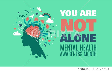 Vector poster dedicated to mental health care with a man surrounded by flowers Vector poster dedicated to mental health care with a man surrounded by flowers 117123603