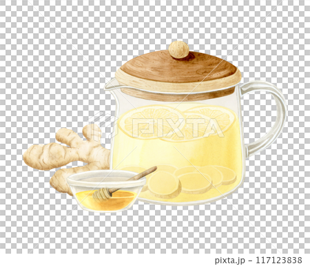 Ginger honey tea in tea pot and glass bowl with wooden spoon watercolor illustration isolated on white background. Hand drawn organic healthy hot drink with herbs 117123838