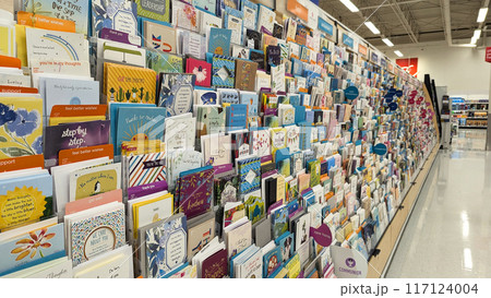 Greeting cards and Birthday cards on display in a superstore. Greeting cards and Birthday cards on display in a superstore. 117124004