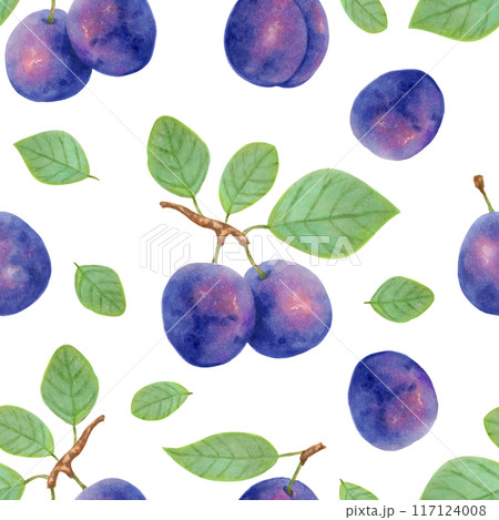 Purple plums with leaves seamless fruit pattern. Botanical illustration with markers and watercolor. Plum berry wallpaper for food packaging design, tablecloths. Hand drawn isolated background. 117124008