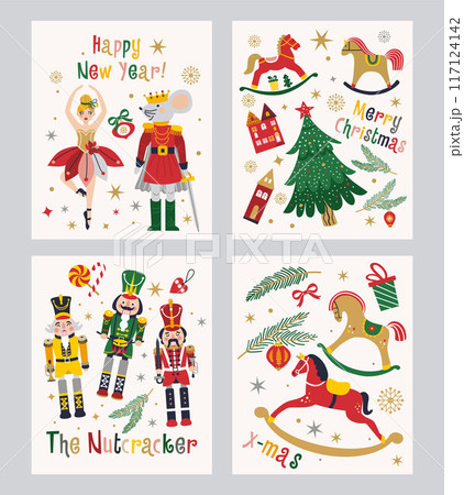 Happy New Year Nutcrackers Vector banners set on Light Background. Postcard. Tchaikovsky Ballet. Christmas illustration. 117124142