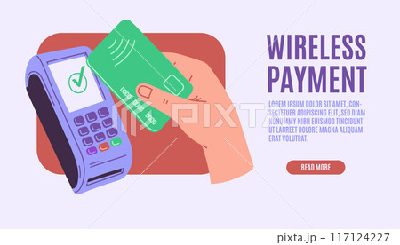 Person pays by bank plastic card, contactless payment wireless system, banking POS terminal service, vector landing page 117124227
