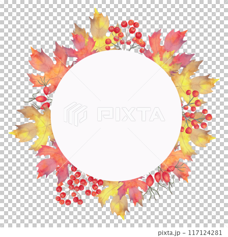 Round autumn frame of autumn leaves with rowan berries, rose hips. Hand drawn botanical elements. Watercolor illustration. Banner for invitations, quotes and decorations for Thanksgiving, Halloween. Round autumn frame of autumn leaves with rowan berries, rose hips. Hand drawn botanical elements. Watercolor illustration. Banner for invitations, quotes and decorations for Thanksgiving, Halloween. 117124281