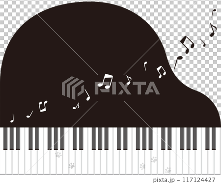 音符の流れる上から見たシンプルなピアノの鍵盤のベクターイラスト/猫の肉球の足跡付き 音符の流れる上から見たシンプルなピアノの鍵盤のベクターイラスト/猫の肉球の足跡付き 117124427