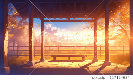 公園 ベンチ 東屋 アニメ ゲーム 晴れ 夕方 117124684