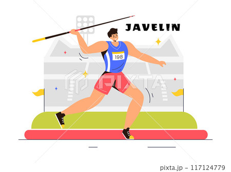 Vector Illustration of Javelin Thrower Athlete Using a Long Spear Shaped Tool to Throw as Far as Possible in a Sports Activity Flat Background 117124779
