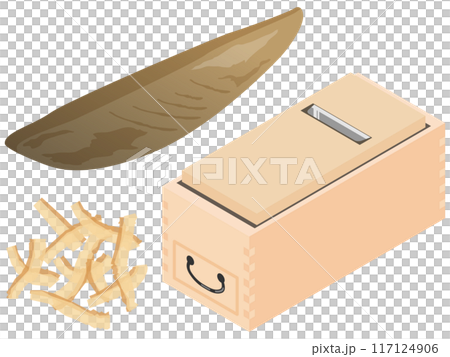 鰹魚片、鰹魚片 (katsuobushi) 和鰹魚片刮鬍刀 (katsuobushi 刮鬍刀) 的向量插圖。設定插圖。 鰹魚片、鰹魚片 (katsuobushi) 和鰹魚片刮鬍刀 (katsuobushi 刮鬍刀) 的向量插圖。設定插圖。 117124906