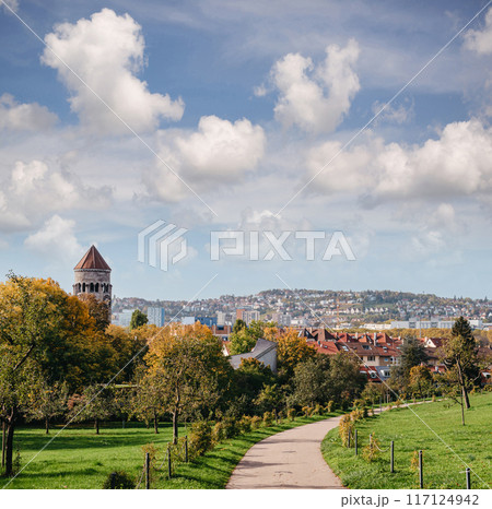 Germany, Stuttgart panorama view. Beautiful houses in autumn, Sky and nature landscape. Vineyards in Stuttgart - colorful wine growing region in the south of Germany with view over Neckar Valley 117124942