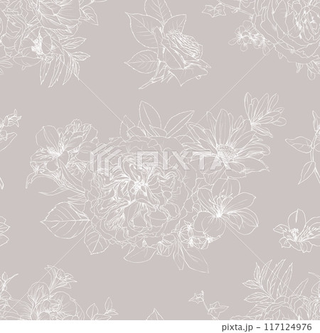 Hand drawn pencil graphic illustration seamless pattern of vintage flowers 117124976