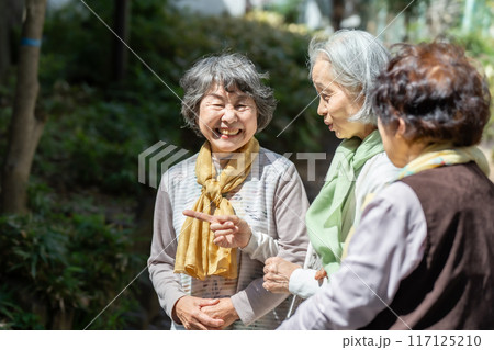 立ち話をするシニア女性 3人 立ち話をするシニア女性 3人 117125210