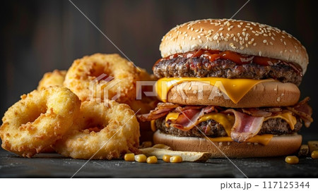 The fast food meal in the black background 117125344