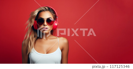Portrait of a young woman wearing hightech equipment .glasses and headphones on red background 117125346