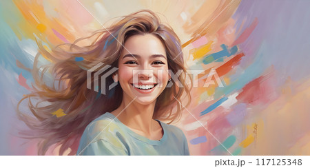 Happy woman smile and cheerful withcolorful background 117125348