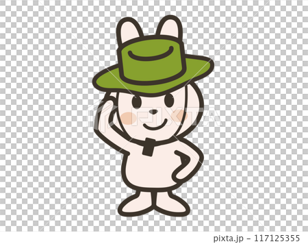 サファリハットを被ってポーズを決めるうさぎさんのイラスト サファリハットを被ってポーズを決めるうさぎさんのイラスト 117125355