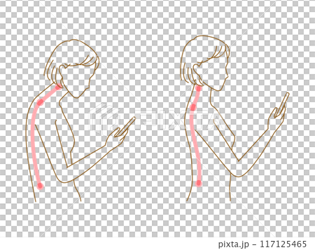 ストレートネック(スマホ首)と良い姿勢の女性イラストセット ストレートネック(スマホ首)と良い姿勢の女性イラストセット 117125465