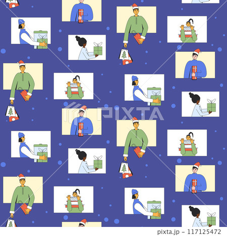 Christmas party online seamless pattern. Happy New Year characters exchange gifts surface design background. Vector outline flat illustration. 117125472