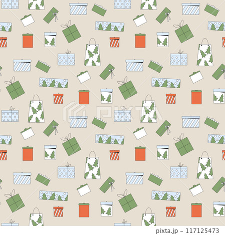 Christmas presents seamless pattern. Happy New Year various gifts surface design background. Vector outline flat illustration. 117125473