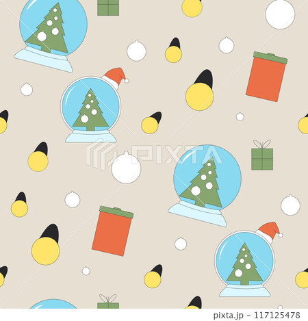 Christmas bauble seamless pattern. Presents, snow globe, Christmas tree and lights. Happy New Year surface design background. Vector outline flat illustration. 117125478