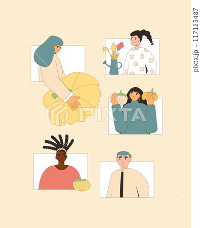 People with pumpkins set. Autumn ripe vegetables harvest characters. Vector outline illustration. 117125487
