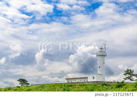 「青森県」夏空と鮫角灯台の風景 117125671