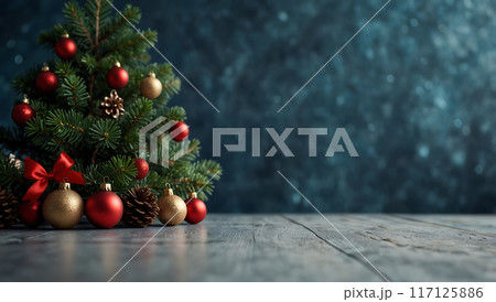 decorated christmas tree on wooden table 117125886