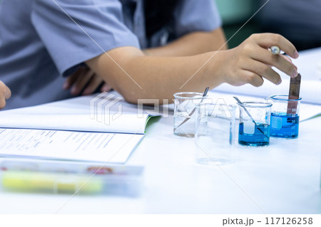 Electroplating experiment in chemistry laboratory. Electroplating experiment in chemistry laboratory. 117126258