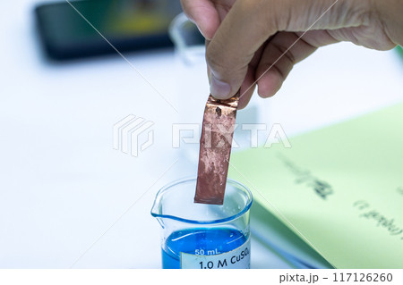 Electroplating experiment in chemistry laboratory. Electroplating experiment in chemistry laboratory. 117126260