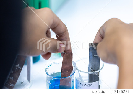Electroplating experiment in chemistry laboratory. Electroplating experiment in chemistry laboratory. 117126271