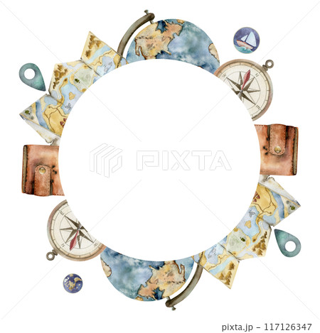 Tourist accessories, luggage suitcase key, vacuum flask, photo camera, map globe. Watercolor hand drawn illustration. Round wreath frame. Tourism, travel brochure, booklet, wedding guide, print card. 117126347
