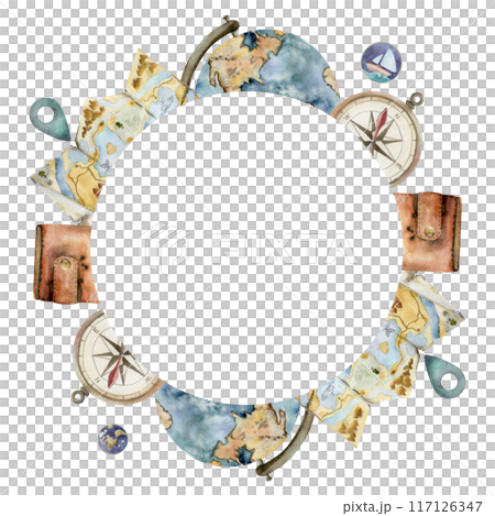 Tourist accessories, luggage suitcase key, vacuum flask, photo camera, map globe. Watercolor hand drawn illustration. Round wreath frame. Tourism, travel brochure, booklet, wedding guide, print card. 117126347