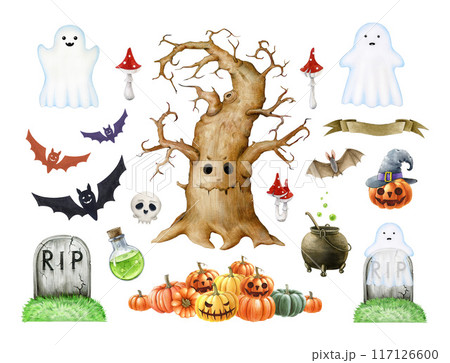 Halloween collection decorative scary elements painted set. Hand drawn ghost, pumpkin, bat, potion, grave and old thick tree with spooky face elements. Halloween decor element set on white background Halloween collection decorative scary elements painted set. Hand drawn ghost, pumpkin, bat, potion, grave and old thick tree with spooky face elements. Halloween decor element set on white background 117126600