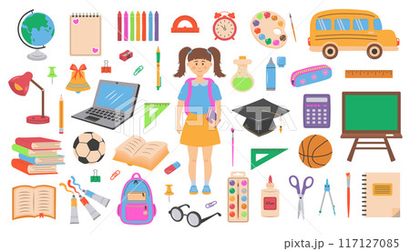 Big set of school supplies and stationery. Girl pupil and cute accessories for study, school, university. Back to school. 117127085