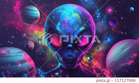 Aliens in cosmic space, neon planets and stars, bright neon colors, abstract futuristic illustration 117127086