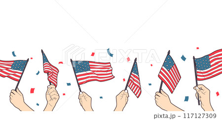 Hand holding and waving america flag on white isolated background . Vector . Hand holding and waving america flag on white isolated background . Vector . 117127309