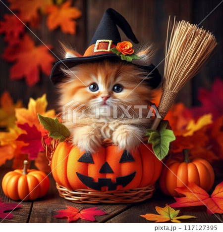 ハロウィンのかぼちゃとかわいい子猫 117127395