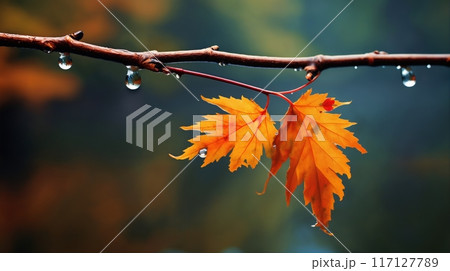 beautiful autumn landscape with yellow leaves with dew on the branches of trees in the forest at sunset, sunlight and beautiful nature 117127789