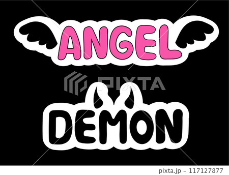 Set of emo stickers. Y2k style. Lettering. Angel and Demon. Black and pink. Vector flat illustration. 117127877