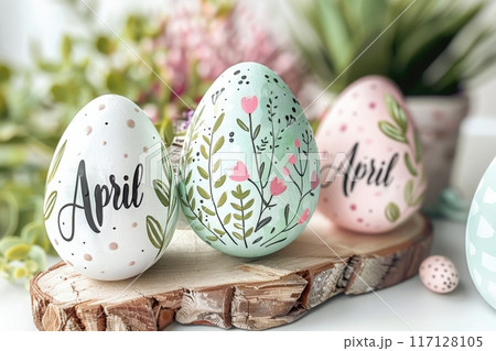 An intricately painted Easter egg in pastel hues showcases delicate floral patterns, embodying the spirit of spring festivities. 117128105