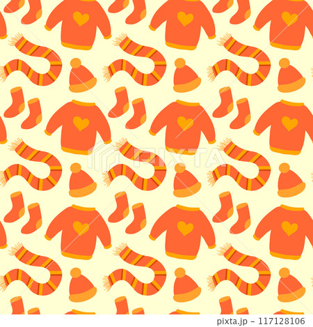 Warm autumn clothes seamless pattern. Knitted sweater, hat, scarf, socks. Cozy fall background. Vector flat illustration. 117128106