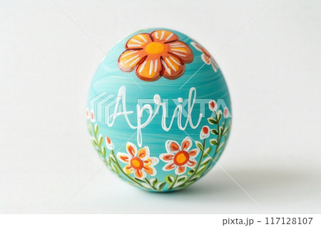 A beautifully crafted Easter egg in vibrant pastel colors, adorned with flowers and the word April, symbolizing the arrival of spring festivities. 117128107