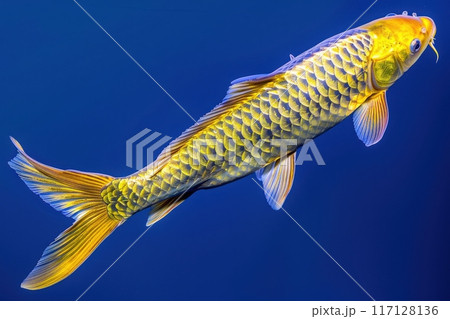 A stunning golden koi fish with radiant scales swims elegantly in serene blue waters, showcasing its beauty and grace. 117128136