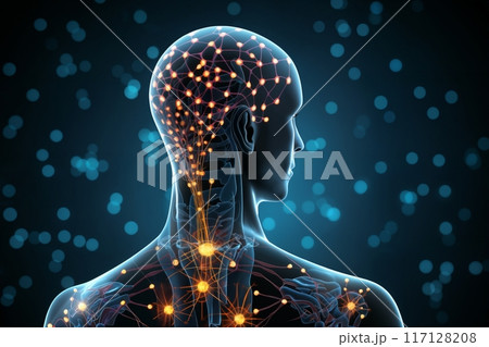 silhouette of a human body with neural connections around head and brain in form of a hologram on a dark background with light, an abstraction of digital art, concept of biotechnology of future 117128208