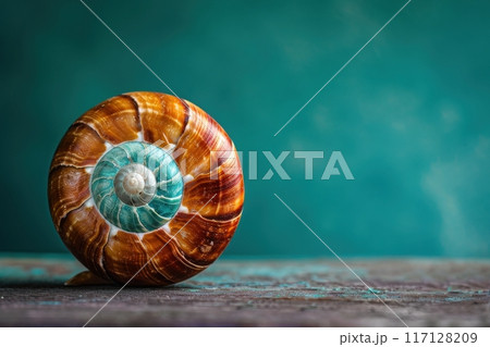 A beautifully textured sea shell rests on a vibrant teal background, showcasing its intricate spirals and natural hues. 117128209
